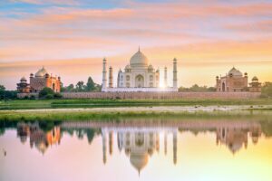 Panoramic view of Taj Mahal at sunset